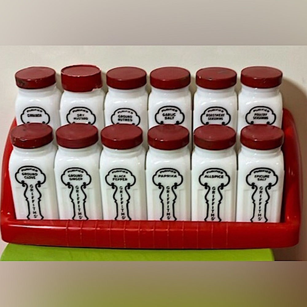 Vintage 1950s Griffiths Milk Glass Spice Jars, Set of 12 with Red Plastic Rack